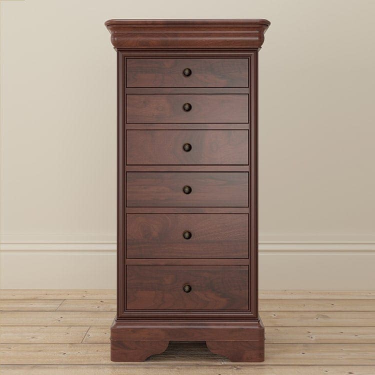 Antoinette dark mahogany tall 6 chest of drawers front