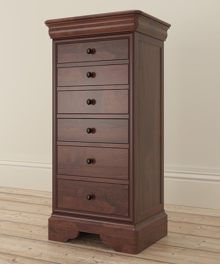 Antoinette dark mahogany tall 6 chest of drawers side